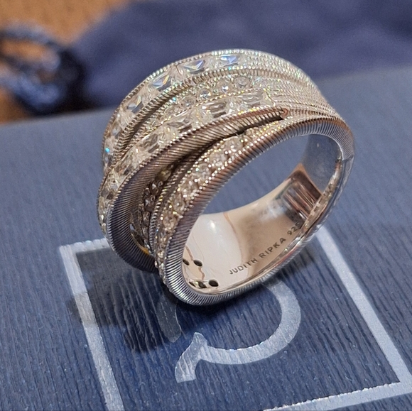 Judith Ripka 5 Band Highway Ring ✨ Sterling Silver CZ Wide Crossover Ring Sz 6 - Picture 8 of 11